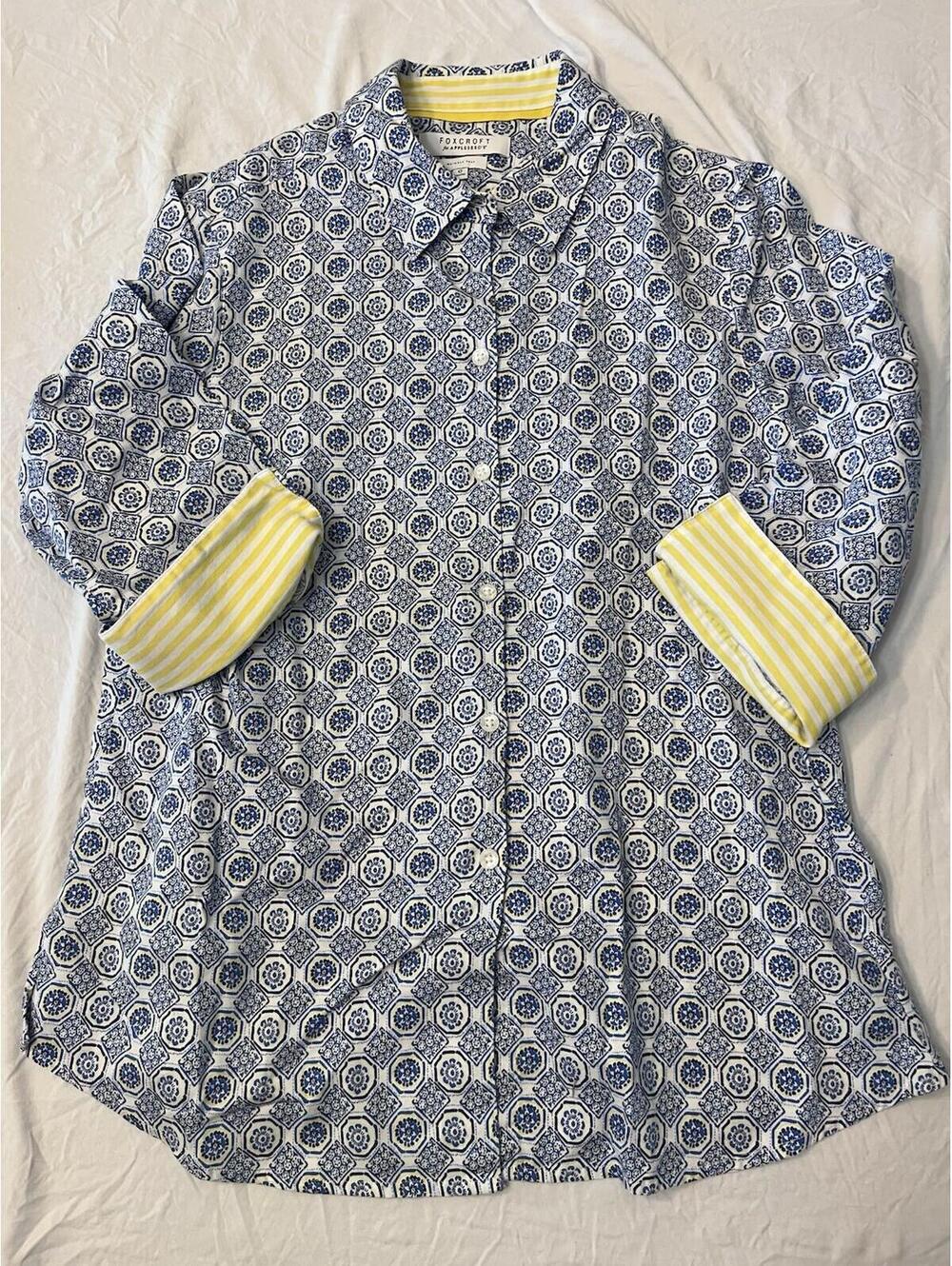 Foxcroft Button Down Shirt Womens Top 12 Navy Yellow Wrinkle Free 3/4 Sleeve